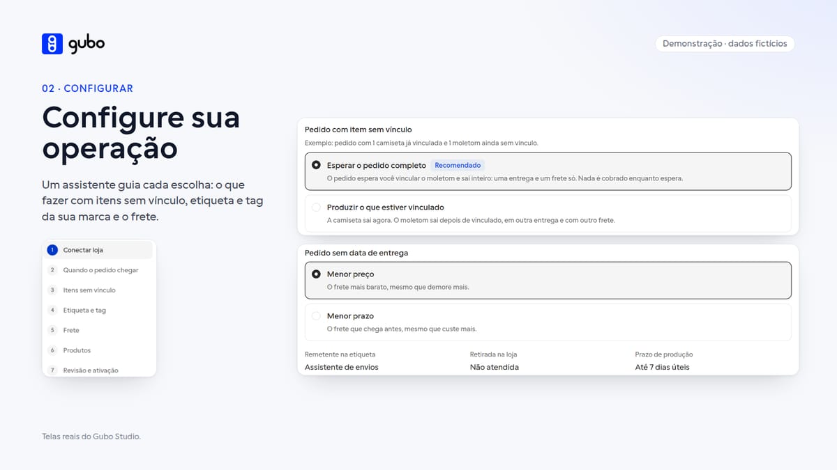 Tela de demonstração das configurações da integração: o que fazer com itens sem vínculo e as regras de frete e envio