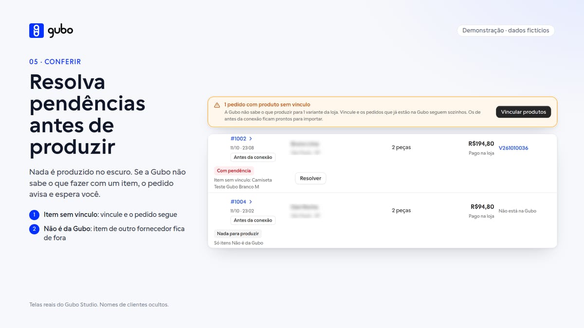 Tela de demonstração de pedidos com pendência de vínculo e com itens marcados como Não é da Gubo