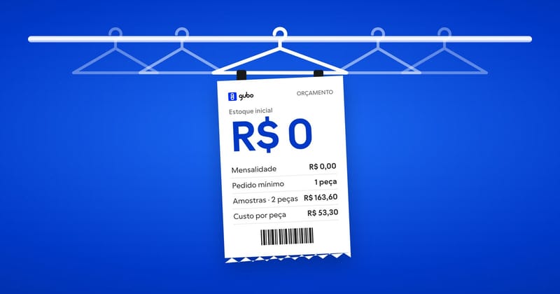 Ilustração de uma arara de roupas com cabides vazios e uma nota de orçamento pendurada: estoque inicial de R$ 0, sem mensalidade, pedido mínimo de 1 peça, amostras por R$ 163,60 e custo por peça de R$ 53,30