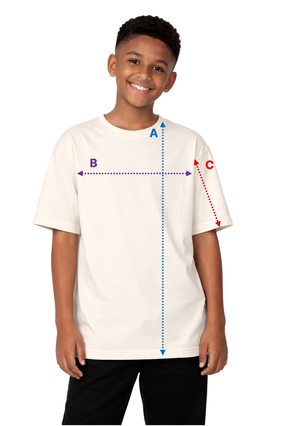 Pontos de medida da Camiseta Jovem (10-14)